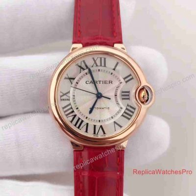 Replica Ballon Bleu De Rose Gold Cartier Watch Red Leather Strap Ladies Watch